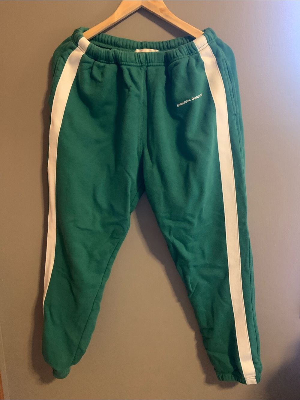 Spiritual Gangster Green Joggers/sweatpants with White Side Stripes and pockets.